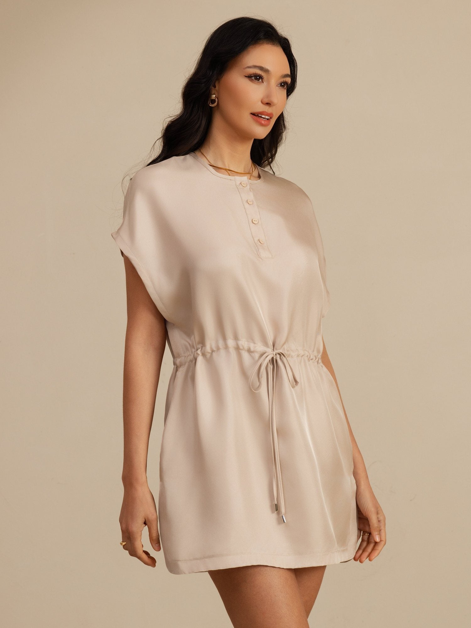 [Tan] SilkSilky-UK 18Momme Silk Satin Surah Cap Sleeve Henley Neck Dress 003