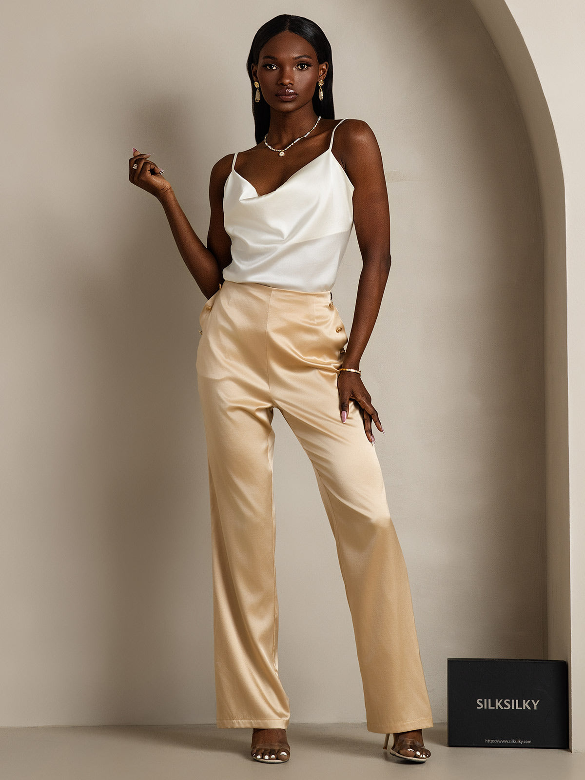 [White] SilkSilky-UK 19Momme Silk Cowl Neck Camisole 007