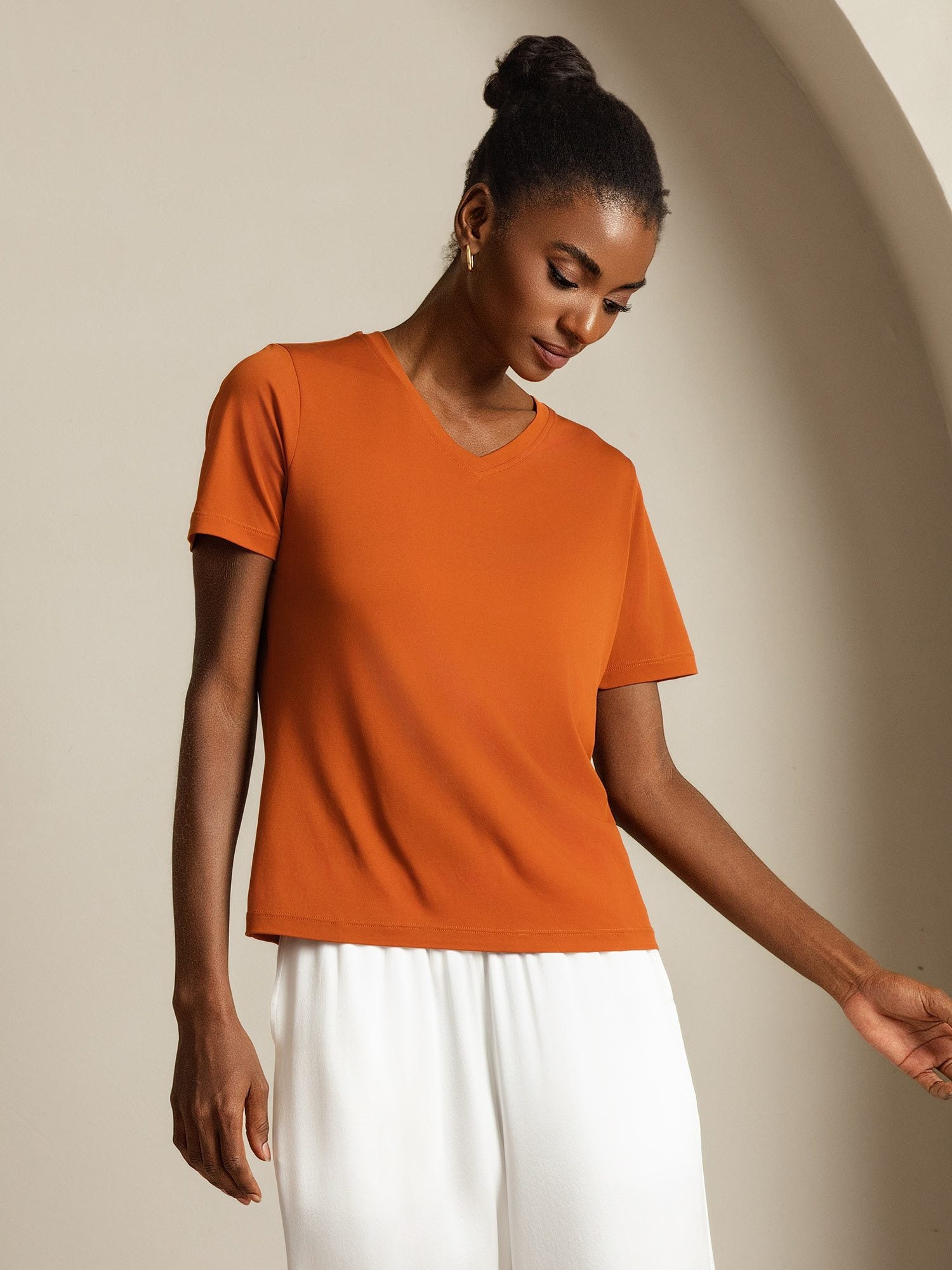 [Orange] SilkSilky-UK Pure Silk V Neck Women's T-Shirt 003