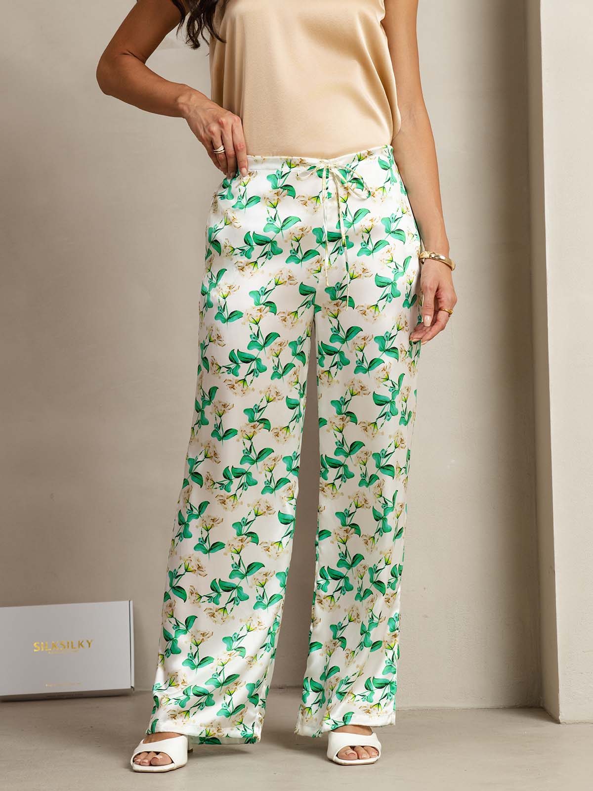 [Green Floral] SilkSilky-UK 19Momme Silk Womens Pants 001