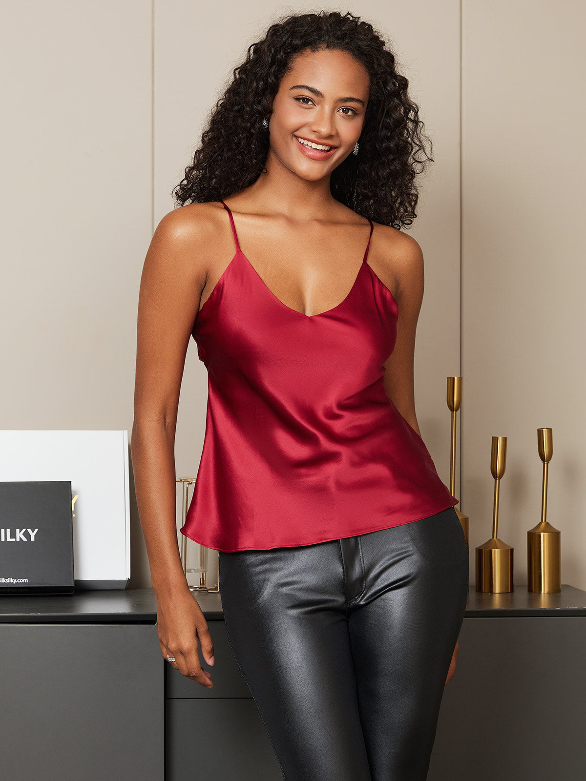 [Dark Red] SilkSilky-UK Pure Silk V Neck Camisole 005