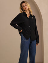 [Black] SilkSilky-UK Long Sleeve Lapel Collar Women's Shirt 004