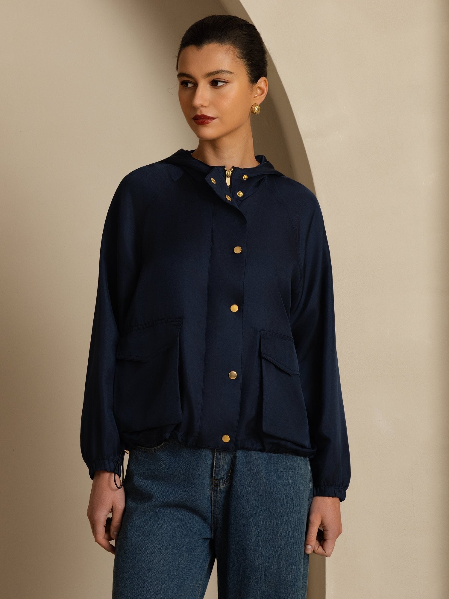 [DarkBlue] SilkSilky-UK Silk Satin Surah Long Sleeve High Neck Women's Outerwear 003