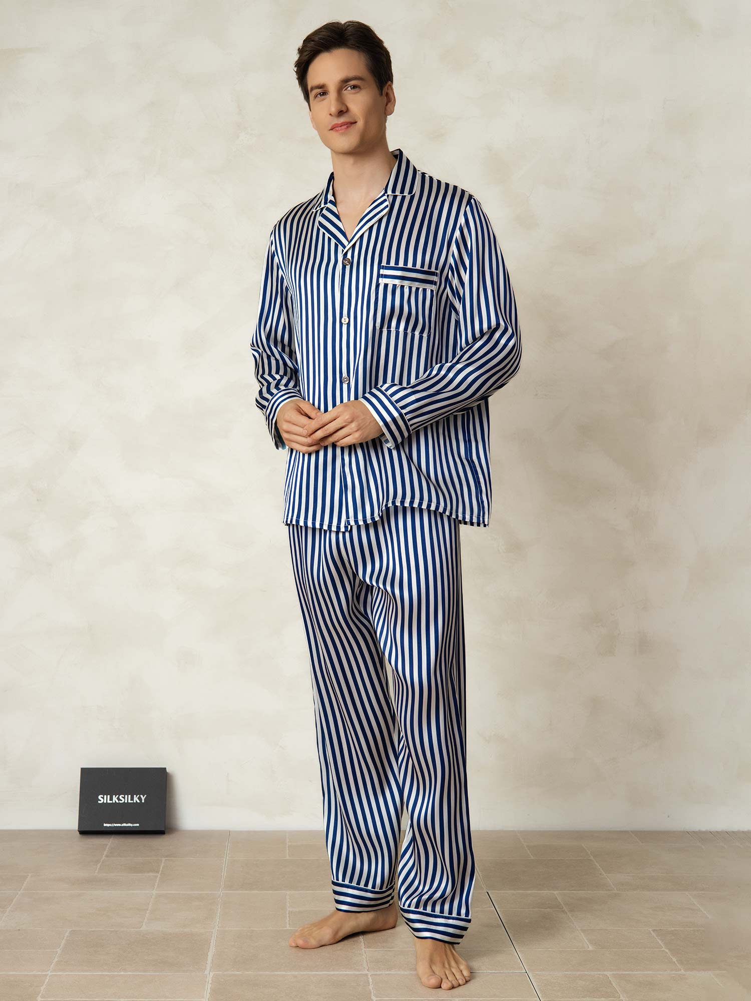 [Navy Stripe] SilkSilky-UK 19Momme Pure Silk Mens Pajamas 003