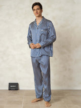 [Navy Stripe] SilkSilky-UK 19Momme Pure Silk Mens Pajamas 003,
