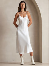 [White] SilkSilky-UK Spaghetti Strap V Neck Dress 003