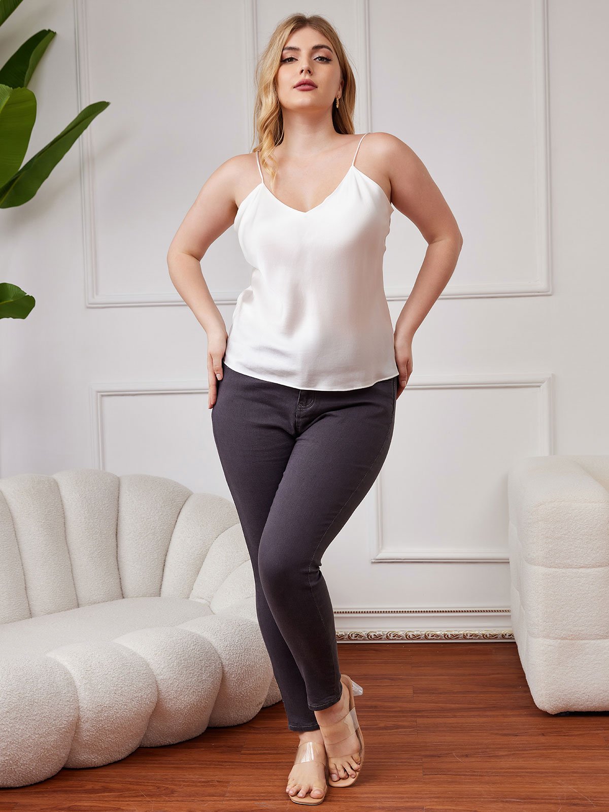 SilkSilky UK Pure Silk V Neck Plus Size Camisole Top White 005