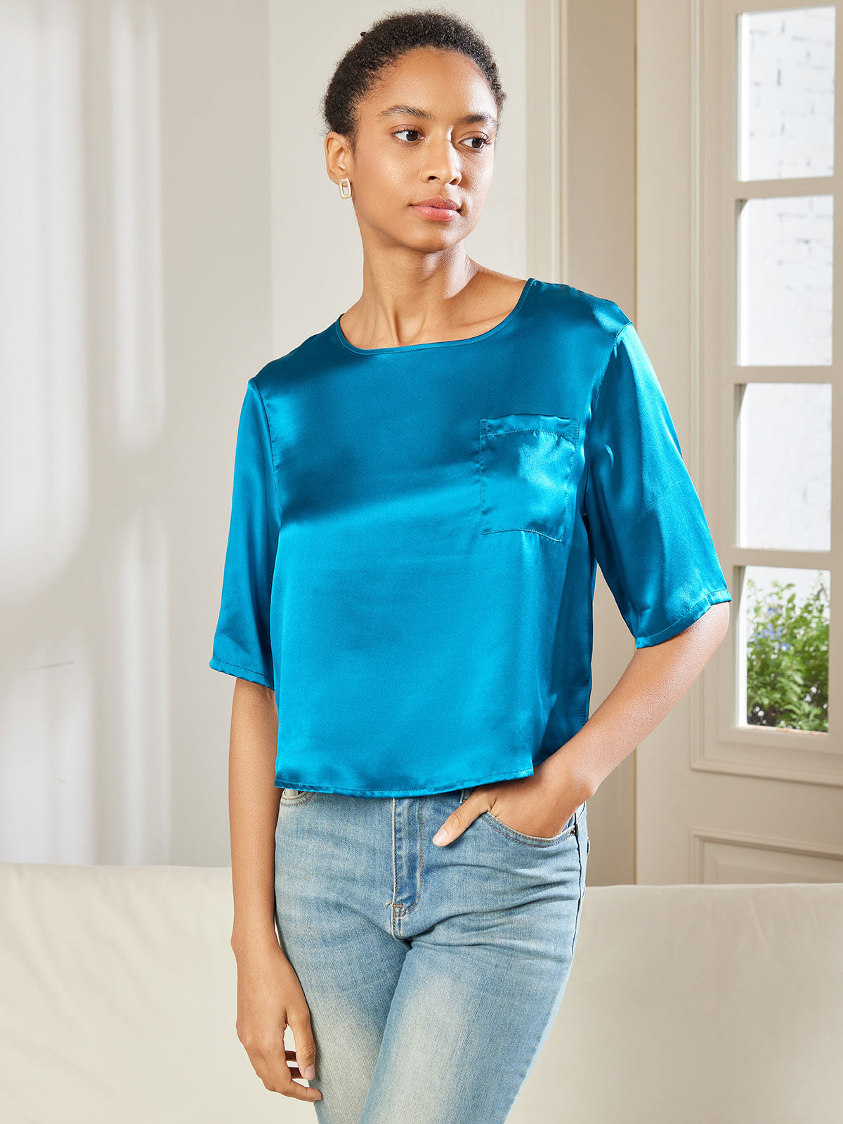 SilkSilky UK Pure Silk Half Sleeve Boat Neck Women's T Shirt Teal 004