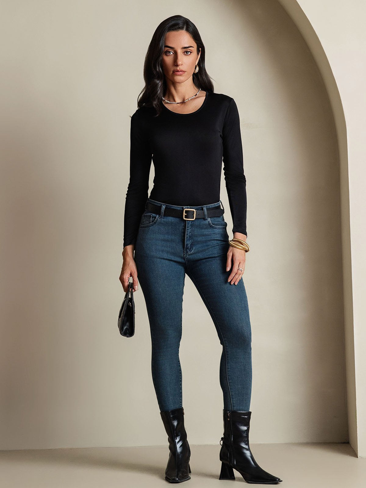 [Black] SilkSilky-UK Silk Long Sleeve Round Neck Women's T-Shirt 006