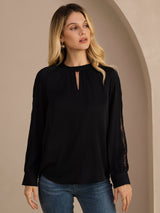 [Black] SilkSilky-UK Long Sleeve Keyhole Neck Women's Blouse 003