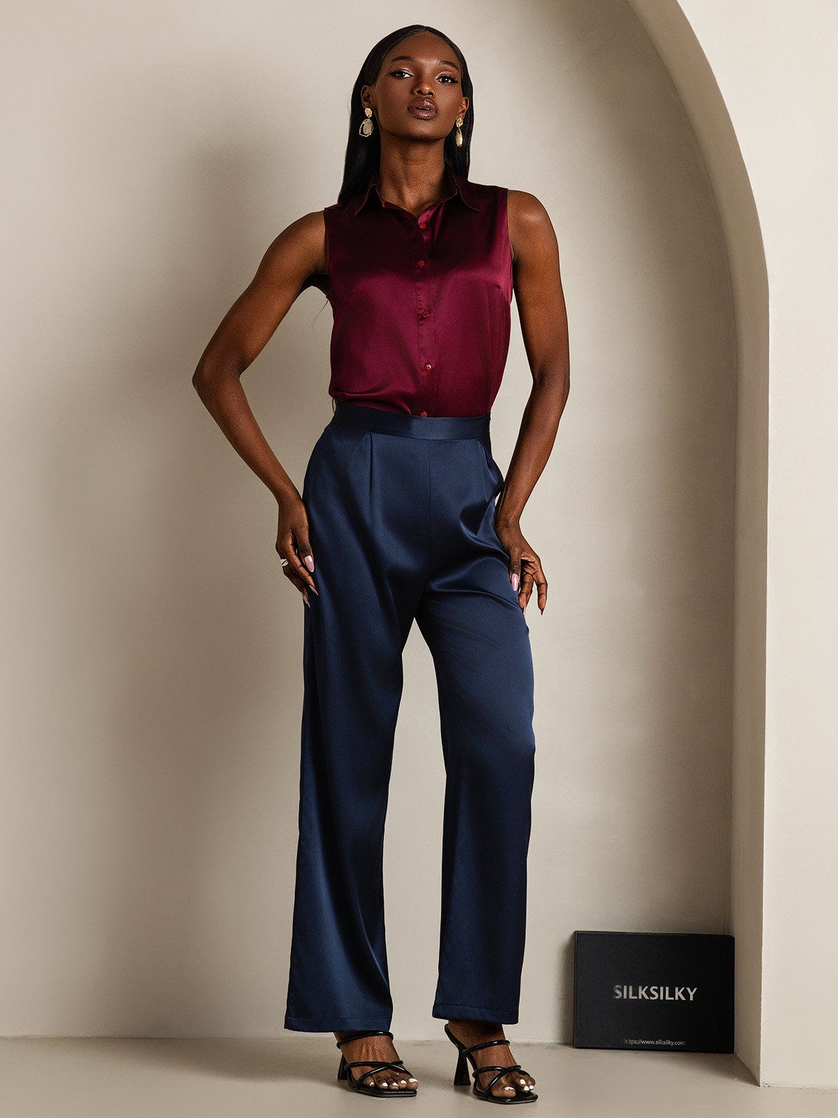 SilkSilky-UK 19Momme Silk Sleeveless Collar Women's Shirt DarkRed 007