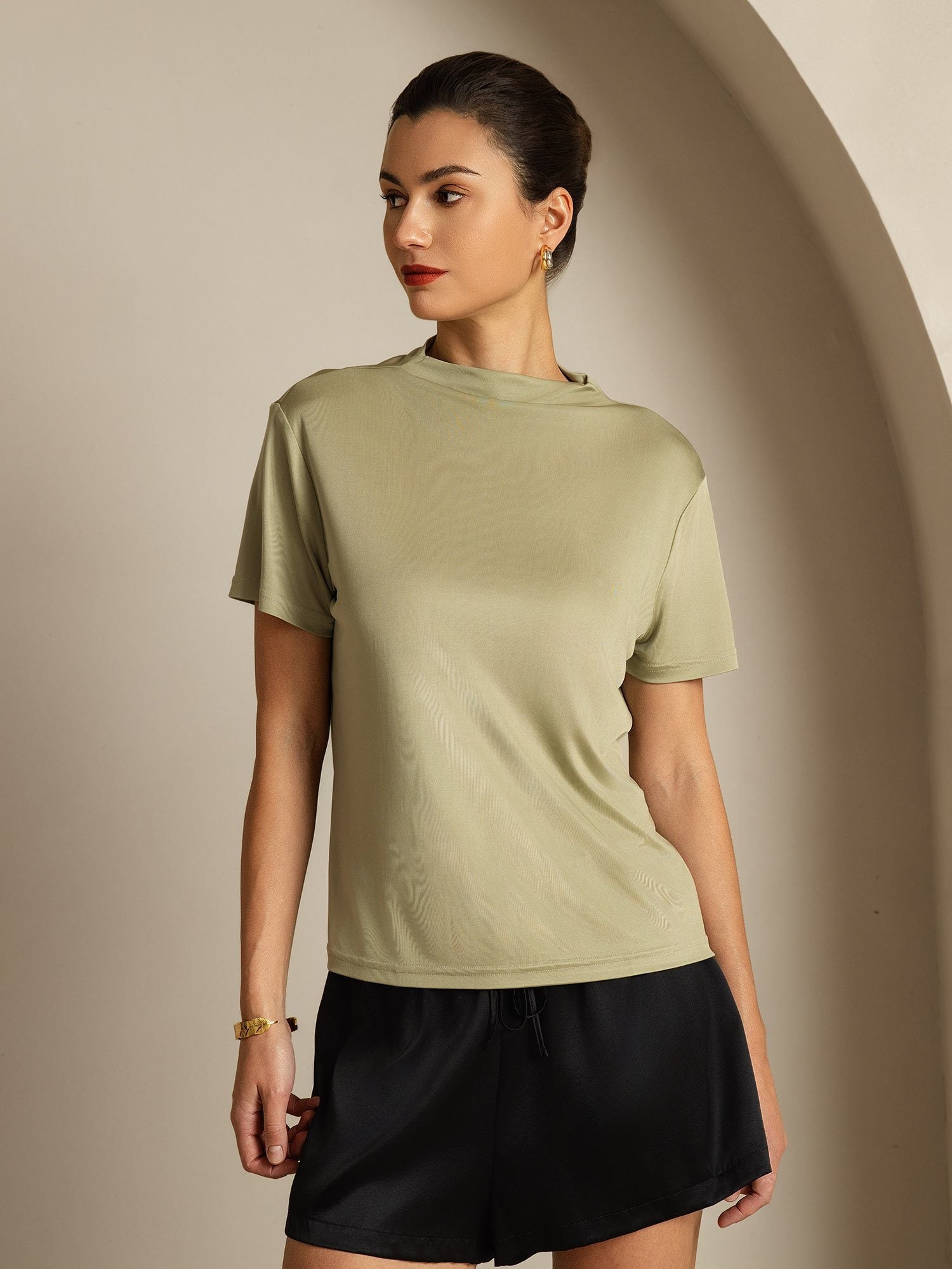 [Dried Herb] SilkSilky-UK Pure Silk Collar Women's T-Shirt 001