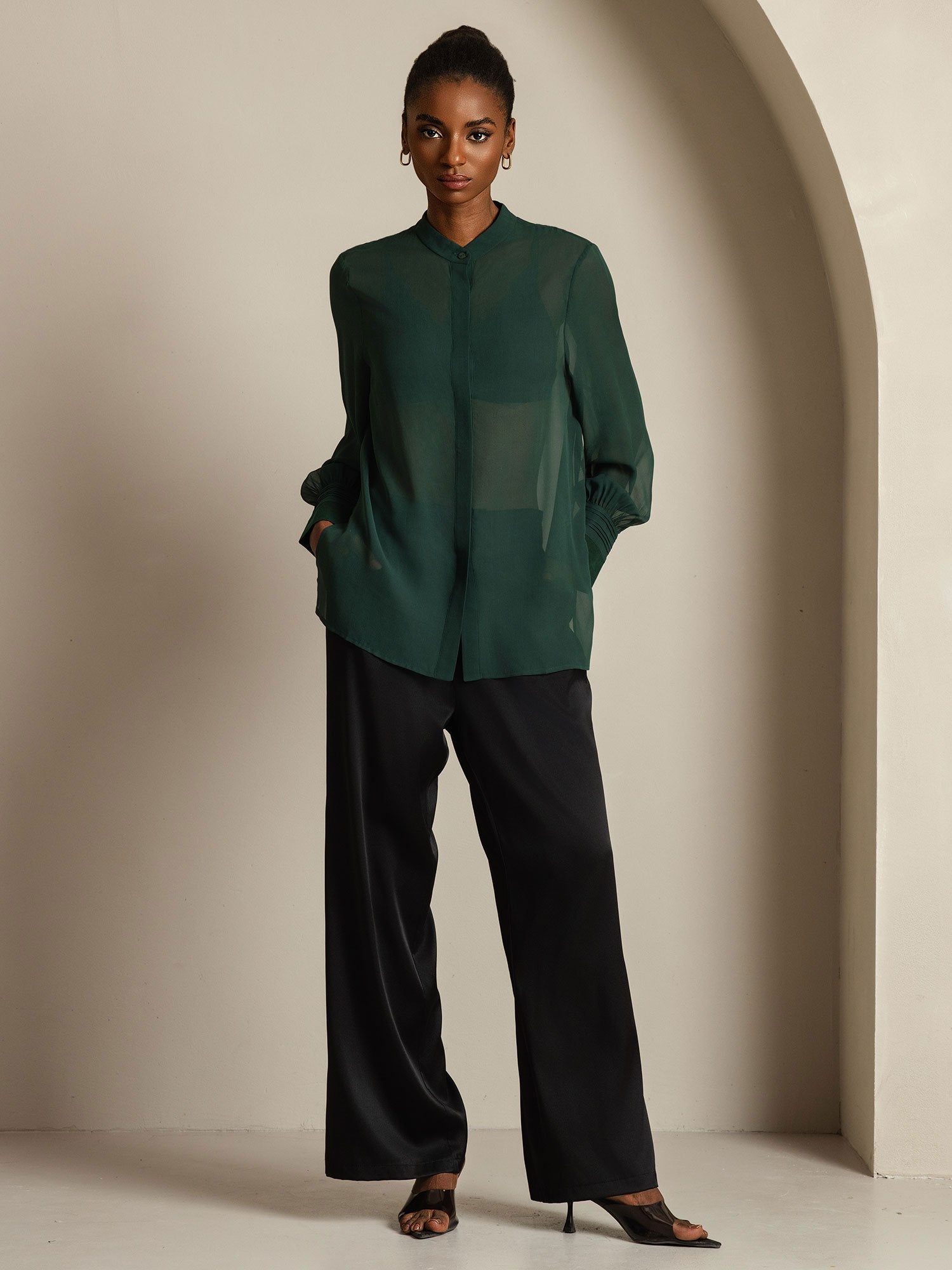 [Dark Green] SilkSilky-UK Pure Silk Split Women's Shirt 009