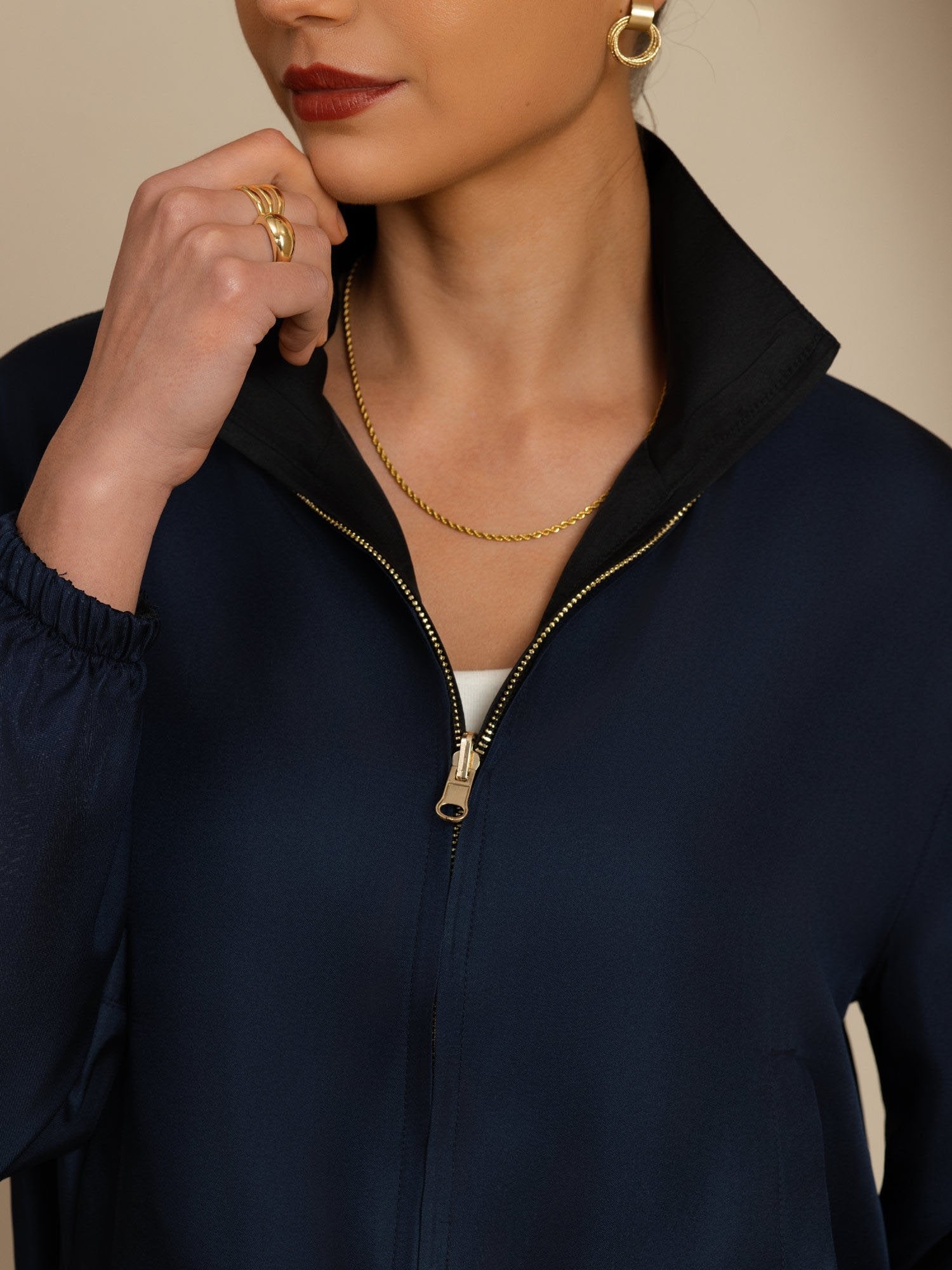 [Black+DarkBlue] SilkSilky-UK 18Momme Silk Satin Surah Long Sleeve Stand Collar Women's Outerwear 006