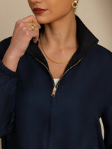 [Black+DarkBlue] SilkSilky-UK 18Momme Silk Satin Surah Long Sleeve Stand Collar Women's Outerwear 006