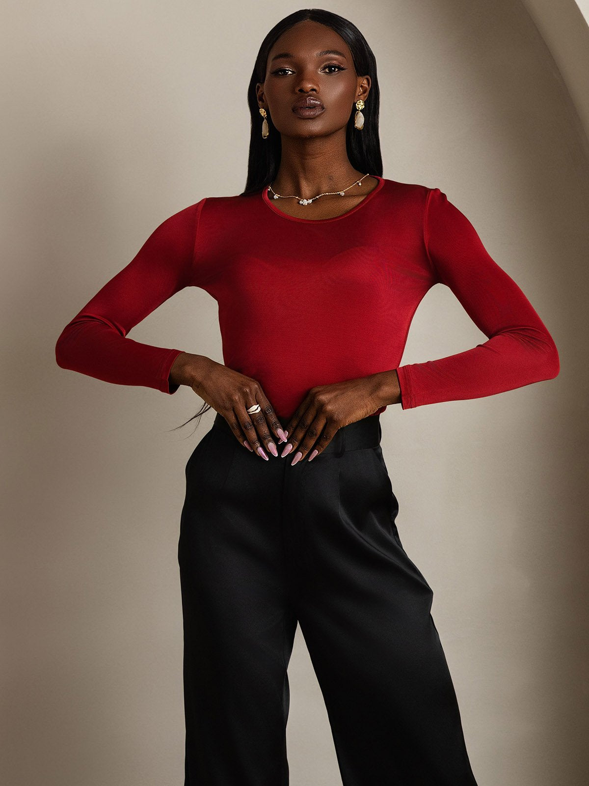 [Wine] SilkSilky-UK Silk Long Sleeve Round Neck Women's T-Shirt 005