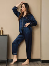 [Dark Blue] SilkSilky-UK Long Sleeve Lapel Collar Women's Pyjamas 006