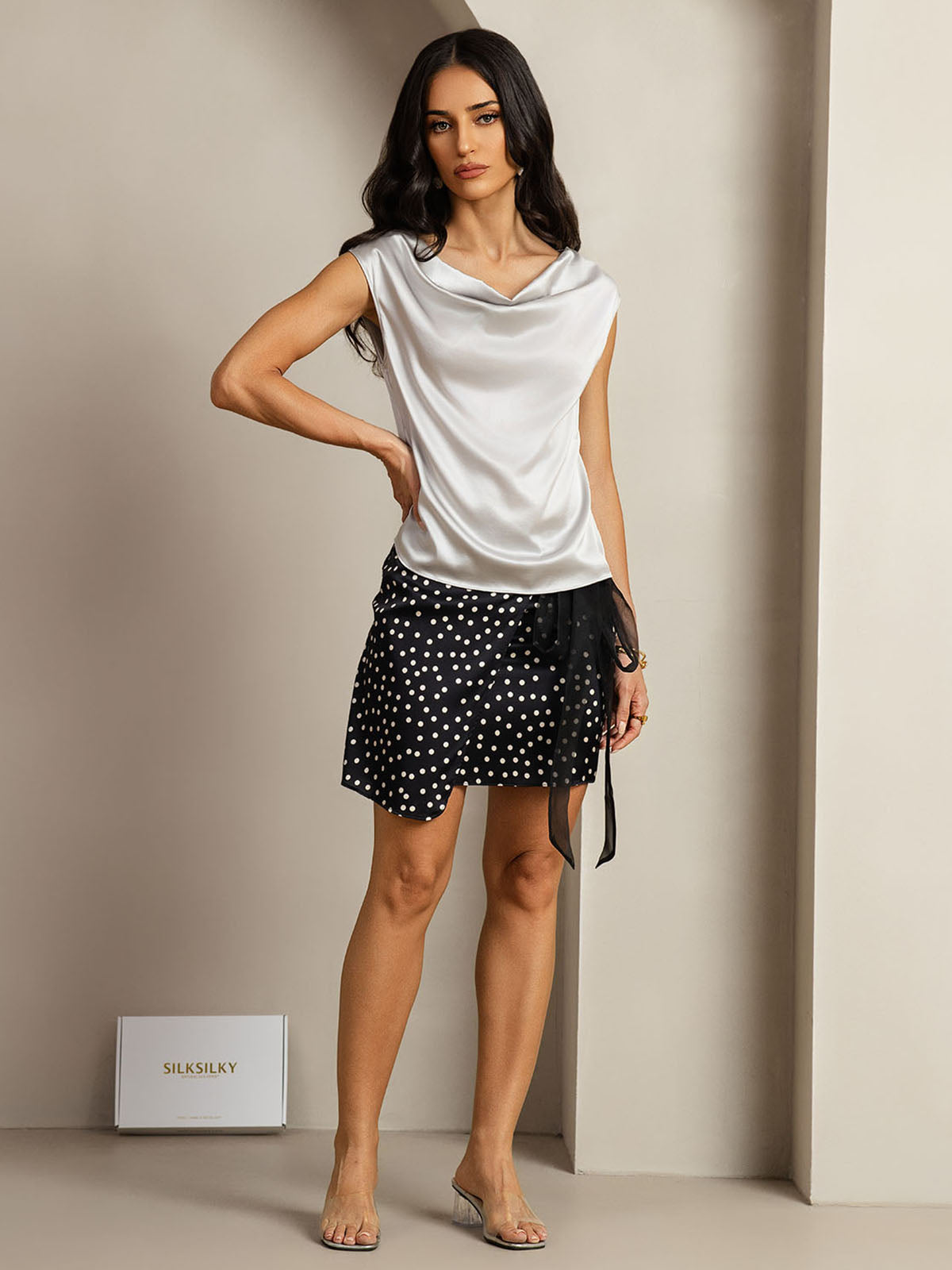 [Silver] SilkSilky-UK 19Momme Silk Cap Sleeve Cowl Neck Women's T-Shirt 003