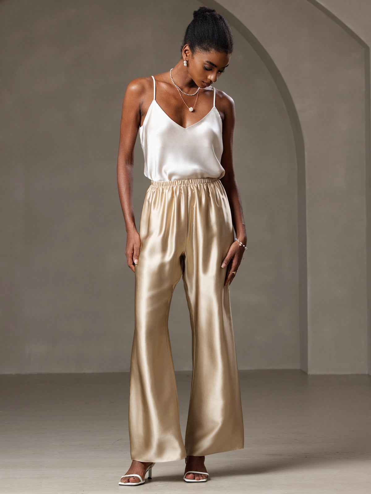 [Beige] SilkSilky-UK Pure Silk V Neck Camisole 005