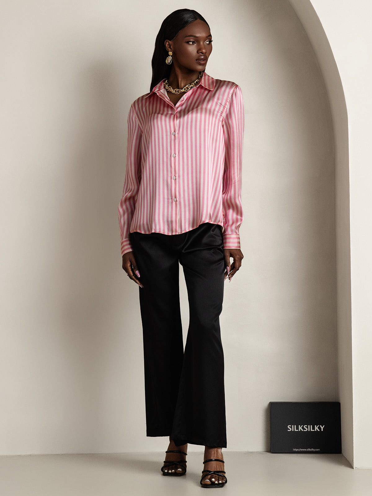 [Pink Stripe] SilkSilky-UK Silk Long Sleeve Collar Women's Shirt 011