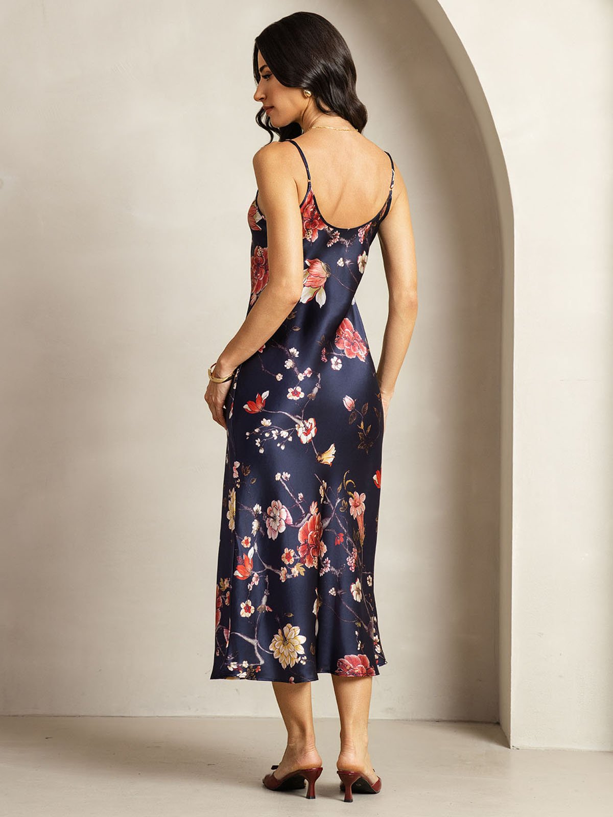 [Navy Floral] SilkSilky-UK 19Momme Silk V Neck Dress 002