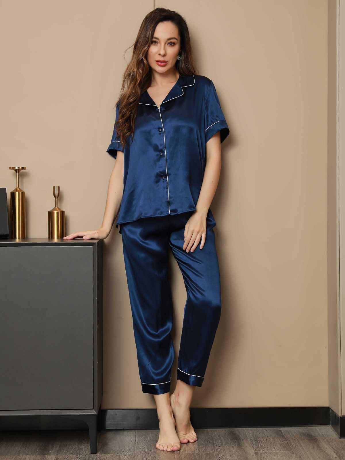 SilkSilky UK Pure Silk Short Sleeve Lapel Women's Pyjamas DarkBlue 003