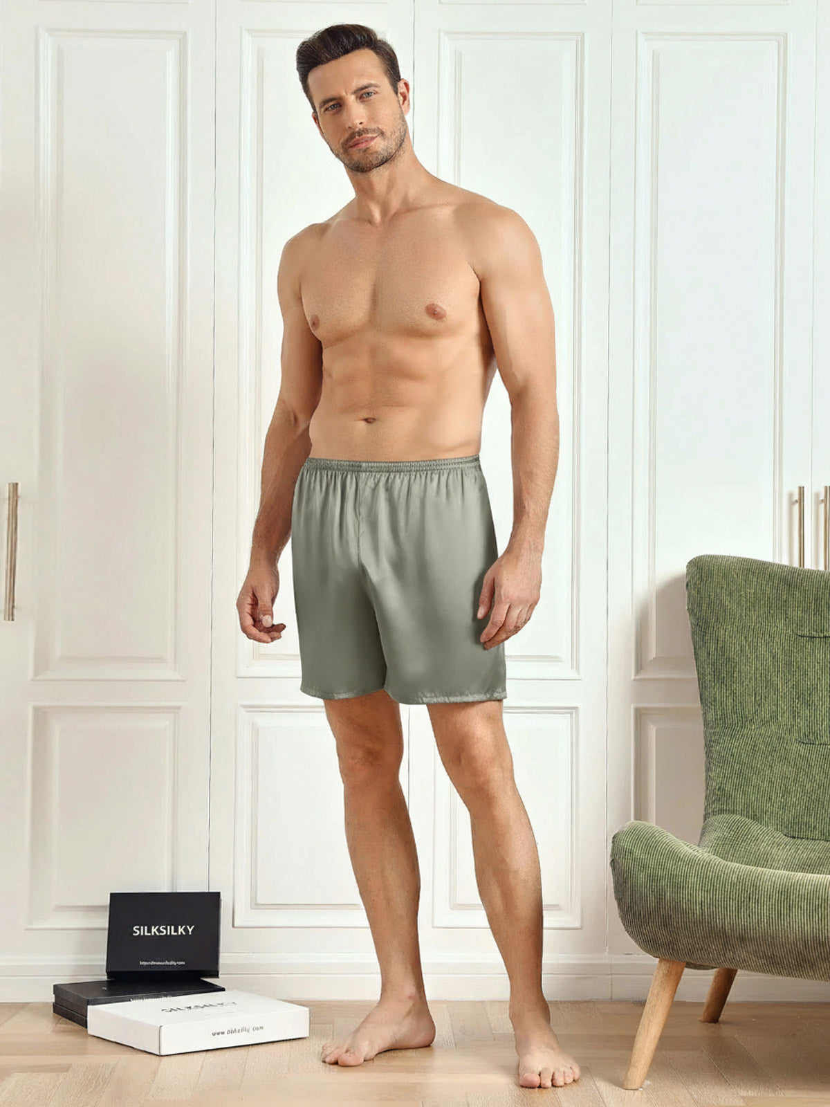 [Grayish Green] SilkSilky-UK Pure Silk Mens Sleep Bottoms 005