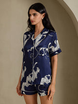 [Navy Cheetah] SilkSilky-UK Short Sleeve Notch Collar Women's Pyjamas 003