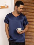 SilkSilky UK Pure Silk Short Sleeve V Neck Men's T Shirt DarkBlue 006