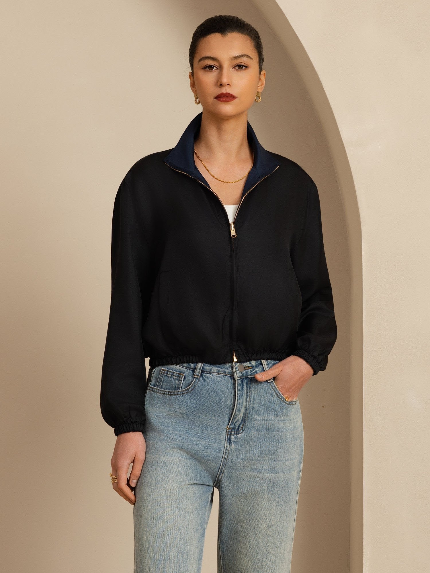 [Black+DarkBlue] SilkSilky-UK 18Momme Silk Satin Surah Long Sleeve Stand Collar Women's Outerwear 005