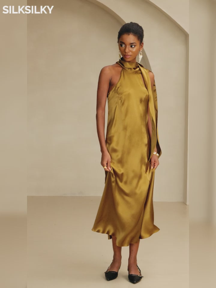 SilkSilky-UK 19Momme Silk Sleeveless Tie Neck Dress-video-001