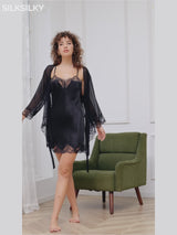 SilkSilky-UK Pure Silk 3/4 Sleeve Nightgown&Robe Set-video-001