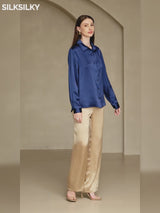 SilkSilky-UK 19Momme Stretch Silk Charmeuse Long Sleeve Lapel Collar Women's Shirt video 001