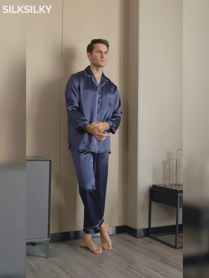 SilkSilky-UK Pure Silk Long Sleeve Lapel Men's Pyjamas video 001