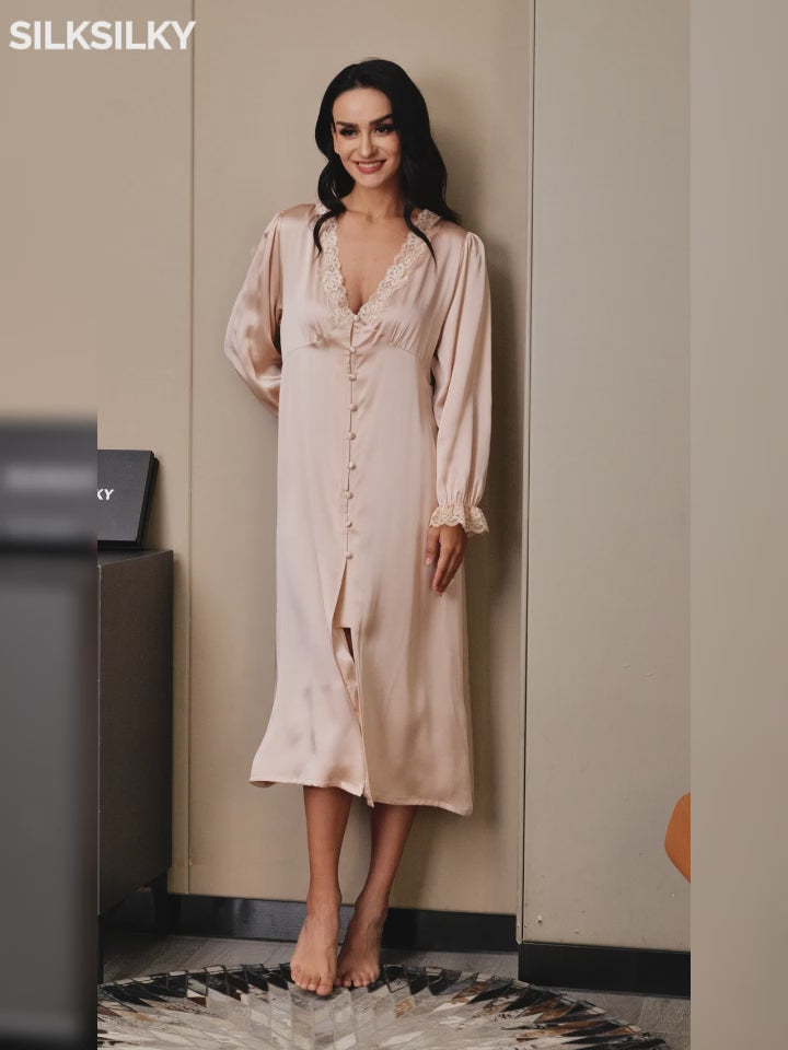 SilkSilky-UK Pure Silk Long Sleeve V Neck Nightdress video 001