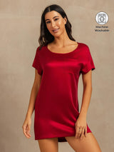 [Wine] SilkSilky-UK 19Momme Machine-Washable Silk Short Sleeve Round Neck Nightdress 001