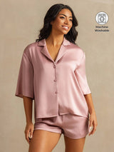 [Peach Skin] SilkSilky-UK 19Momme Machine-Washable Silk Half Sleeve Notch Collar Women's Pyjamas 001