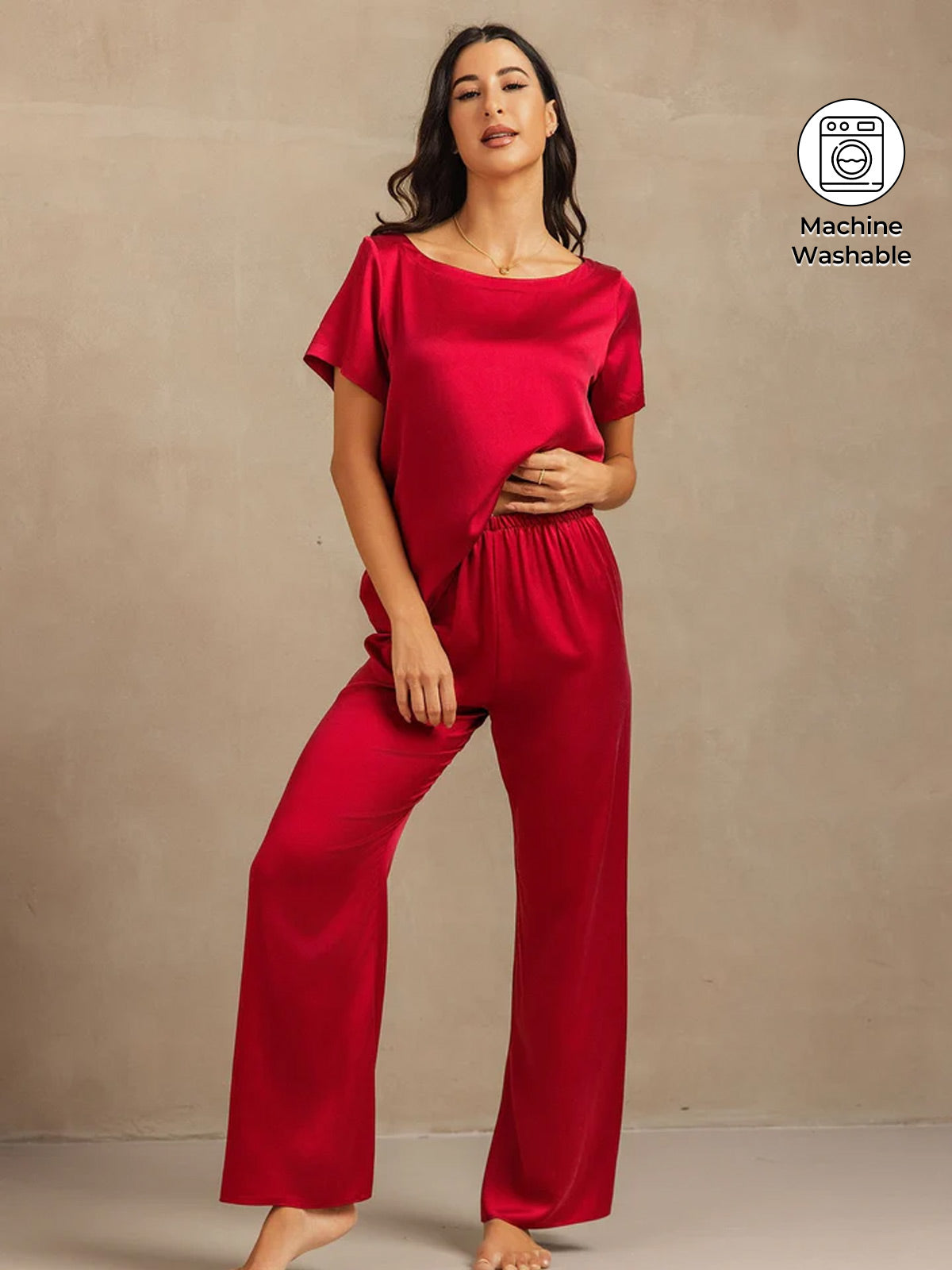[Wine] SilkSilky-UK 19Momme Machine-Washable Silk Short Sleeve Women's Pyjamas 001
