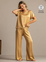 [Tan] SilkSilky-UK 19Momme Machine-Washable Silk Short Sleeve Women's Pyjamas 001