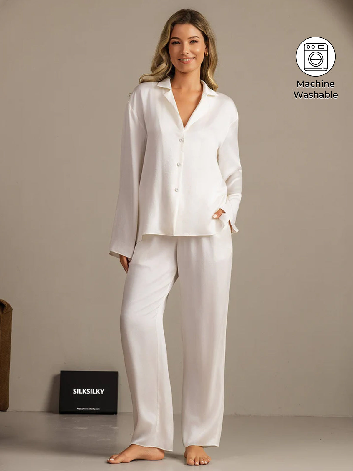 [White] SilkSilky-UK 19Momme Machine-Washable Silk Notched Neck Women's Pyjamas 001