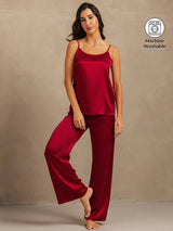 [Wine] SilkSilky-UK 19Momme Machine-Washable Silk Spaghetti Strap Scoop Neck Camisole Set 001