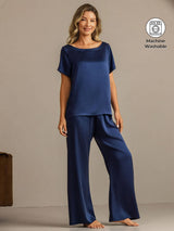 [Dark Blue] SilkSilky-UK 19Momme Machine-Washable Silk Short Sleeve Women's Pyjamas 001