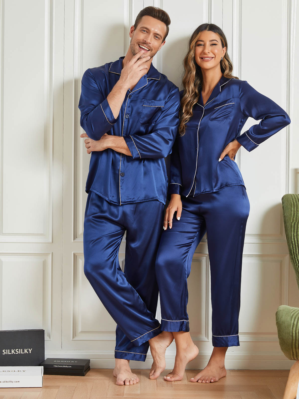 SilkSilky UK Pure Silk Long Sleeve Couple DarkBlue 001