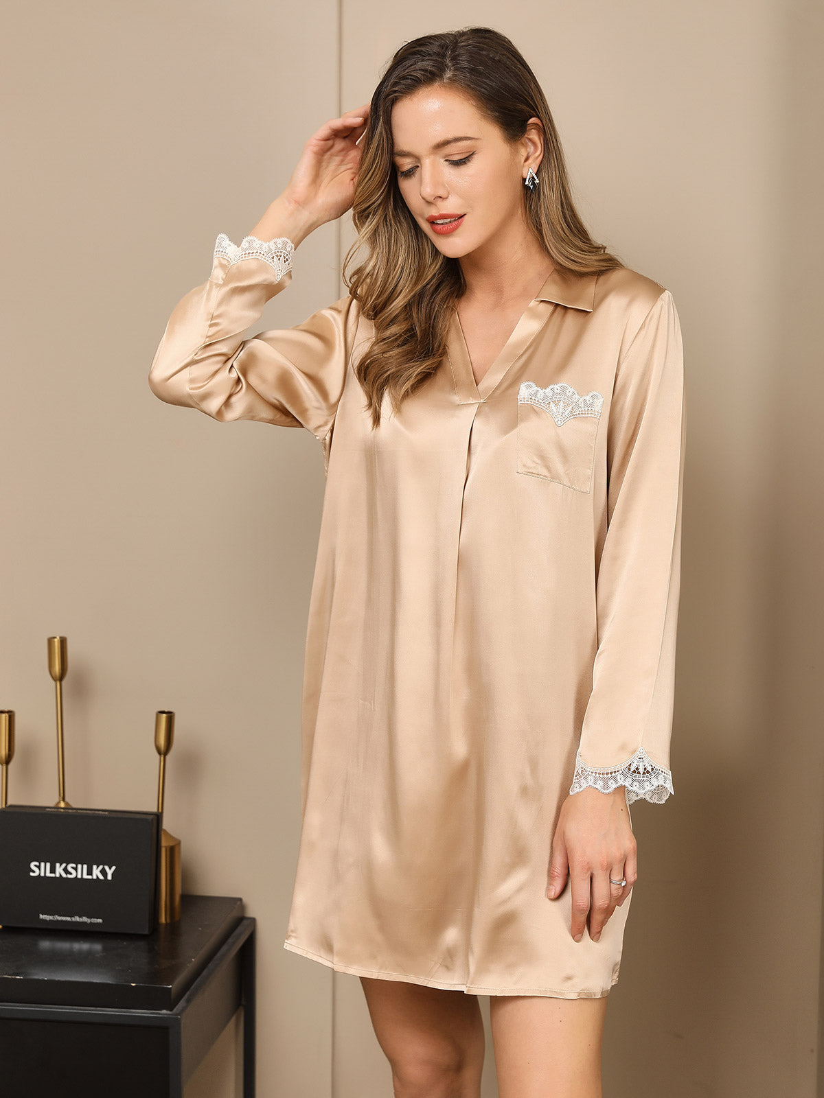 [Gold] SilkSilky-UK Pure Silk Long Sleeve V Neck Nightdress 004