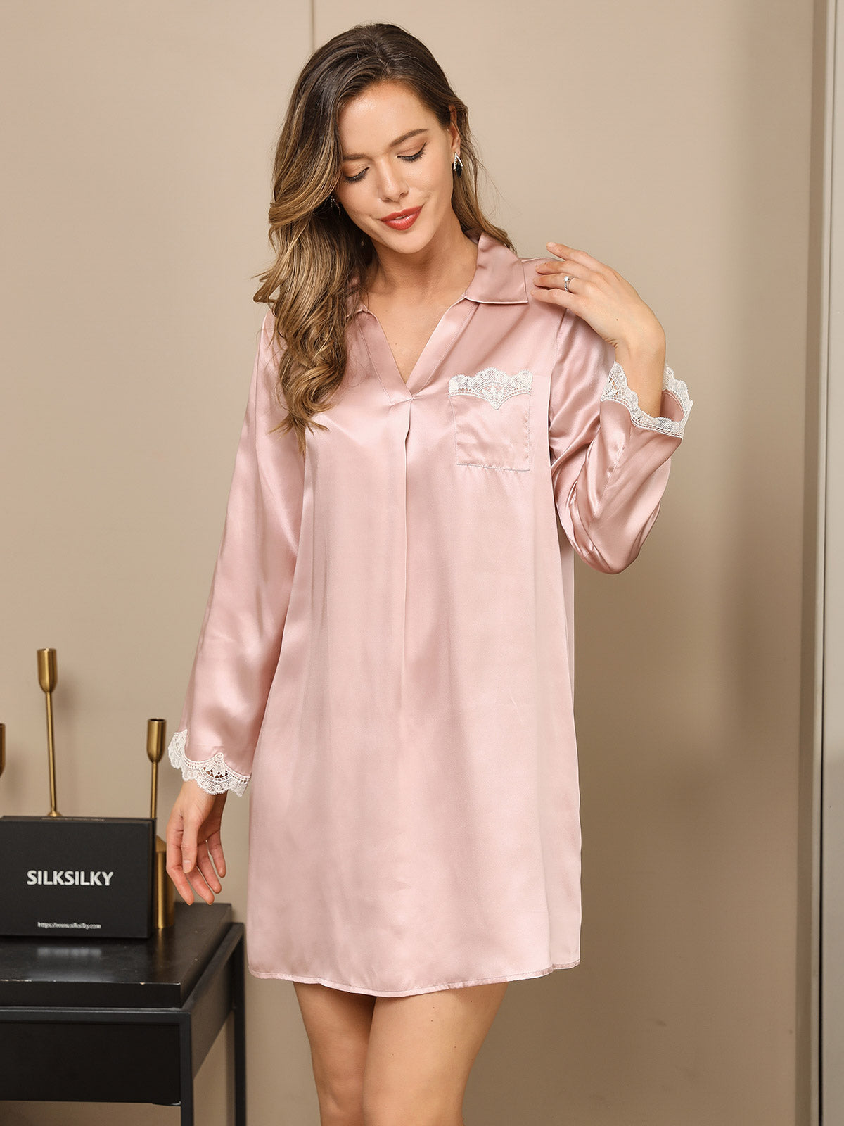 [Pink] SilkSilky-UK Pure Silk Long Sleeve V Neck Nightdress 001