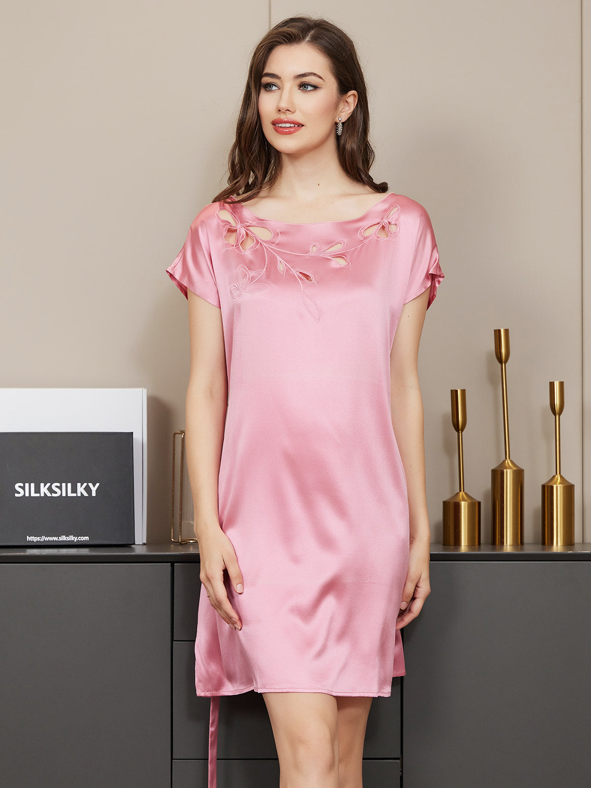 SilkSilky UK Pure Silk Cap Sleeve Boat Neck Nightdress Pink 002