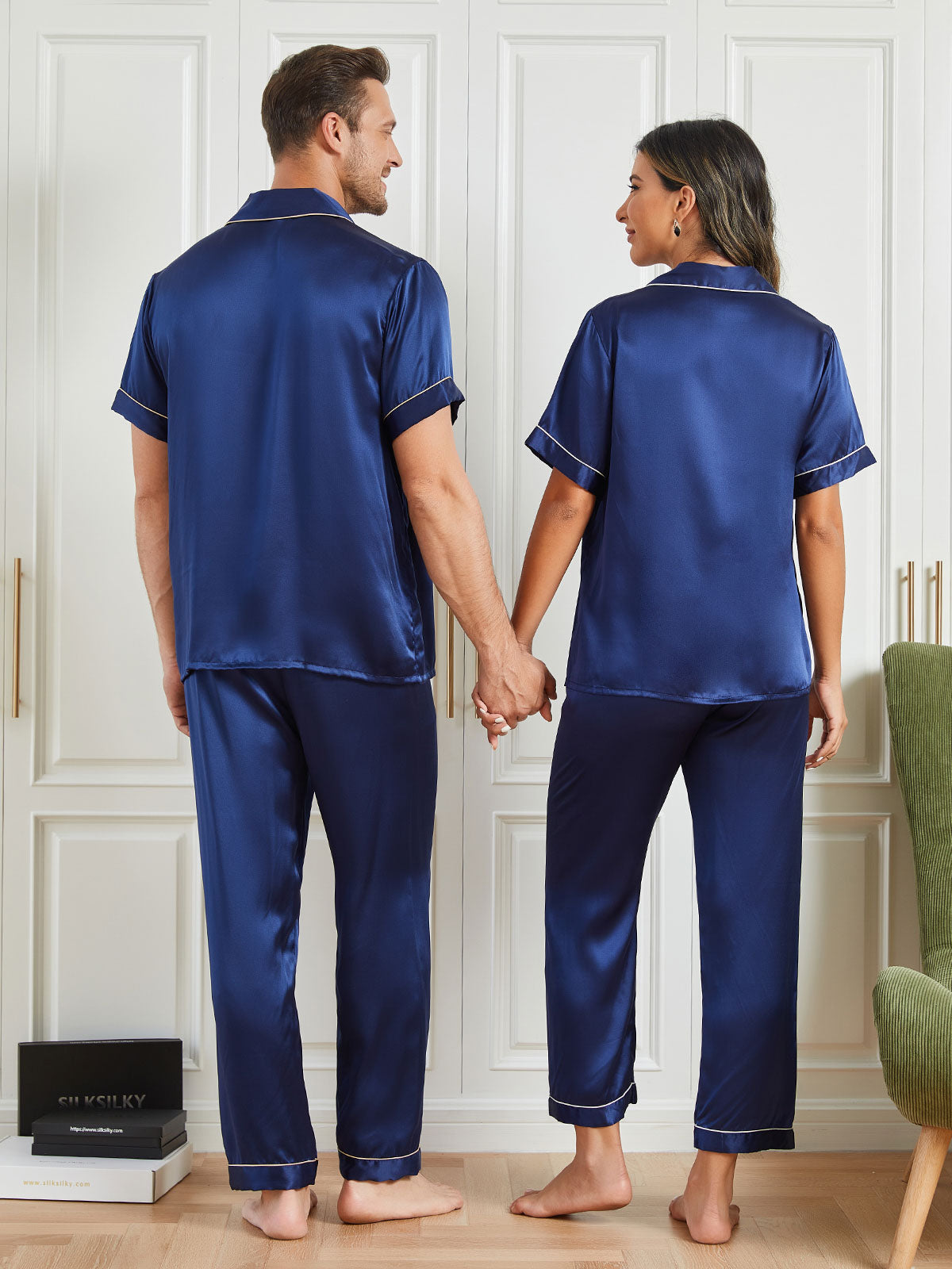 [Dark Blue] SilkSilky-UK Pure Silk Short Sleeve Couple 002