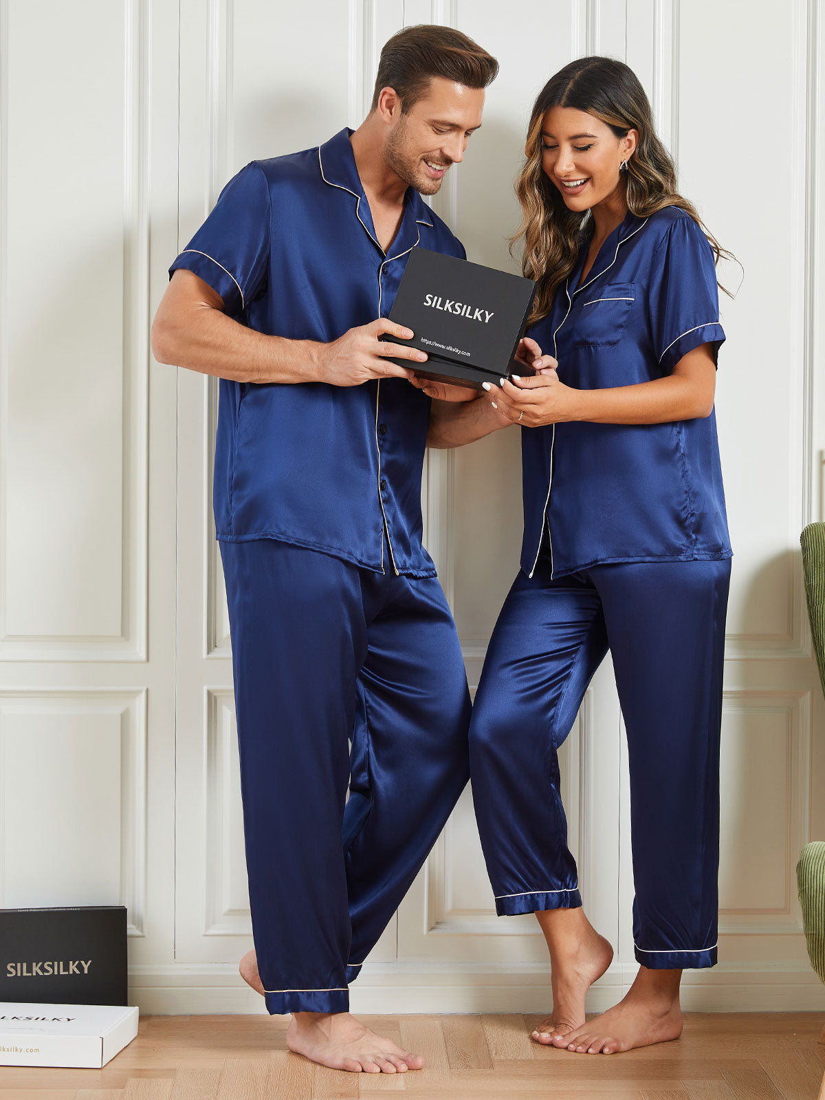 [Dark Blue] SilkSilky-UK Pure Silk Short Sleeve Couple 003