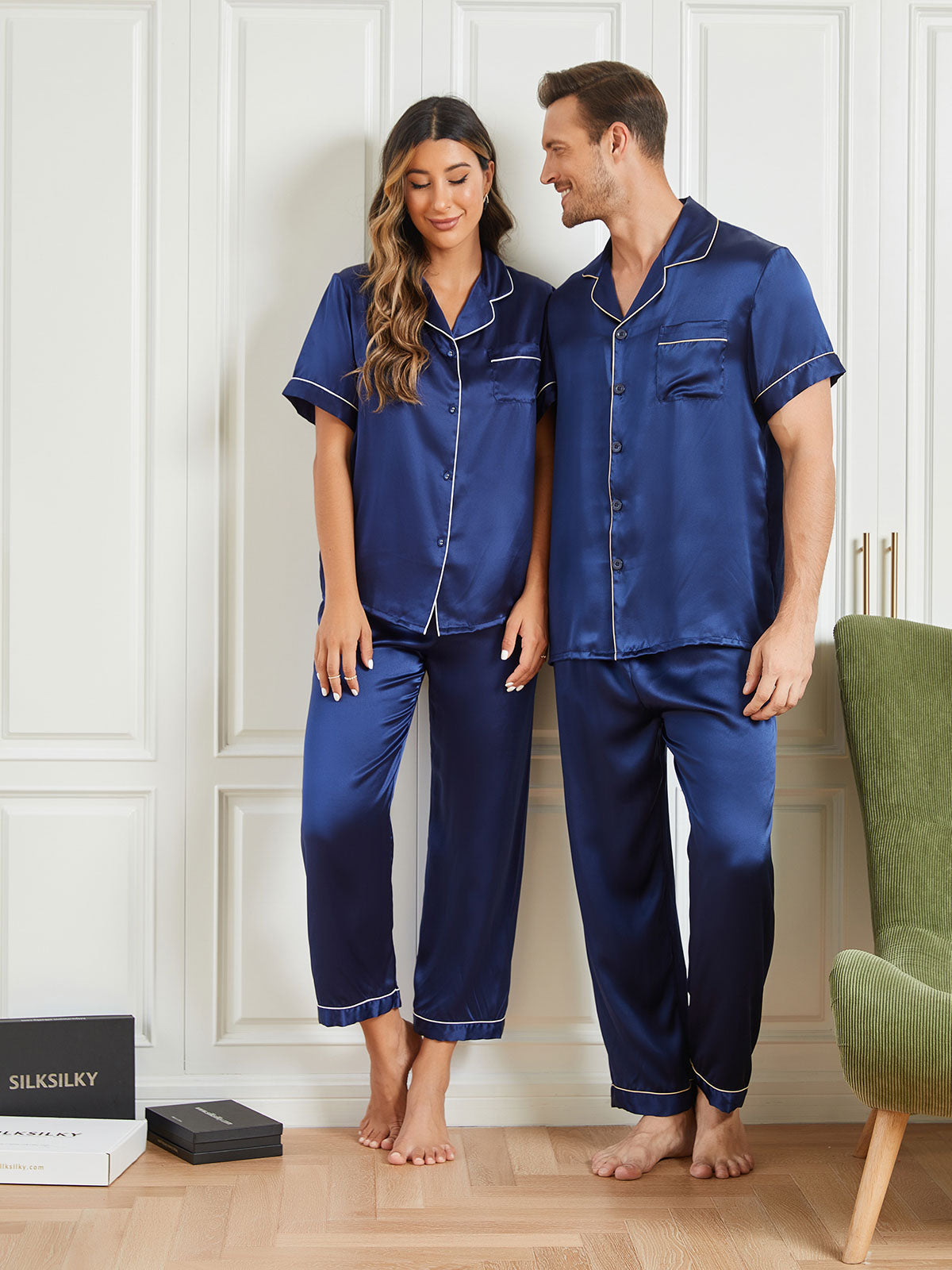 [Dark Blue] SilkSilky-UK Pure Silk Short Sleeve Couple 004