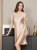 SilkSilky UK Pure Silk Short Sleeve V Neck Nightdress Champagne 001